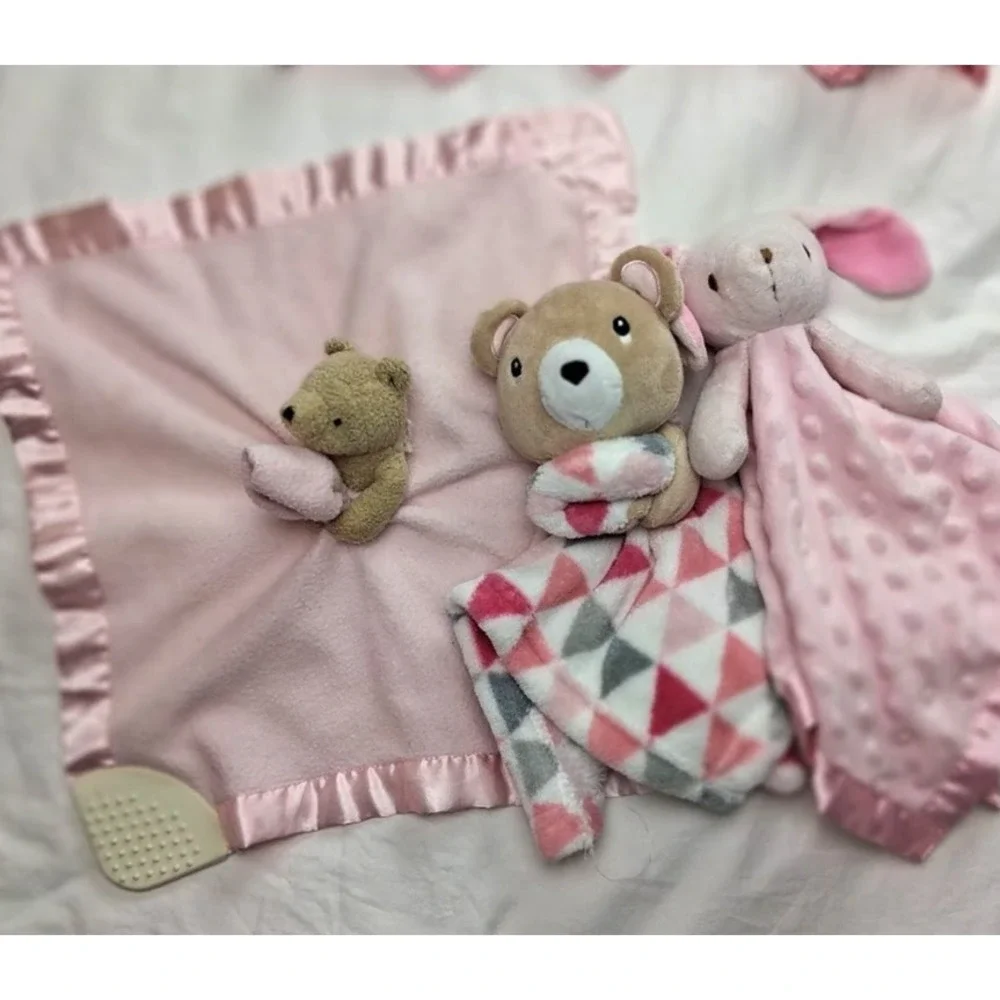 9pc Baby Girl Security Blanket Lovey Lot Pink Bunny Doll Flamingo Unicorn Satin